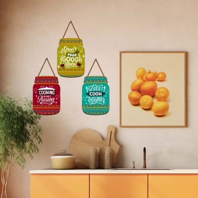 Mason Jar Shape Kitchen Wall Decor Set of 3 Wooden Hanging with Inspirational Quotes